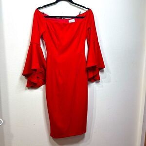 (B1) Premier Amour Off-the-shoulder Crepe Sheath Dress, Stretch Red, Size 4